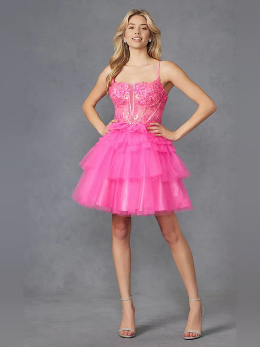 Hot Pink short homecoming dress, alternate view showing the full-length silhouette