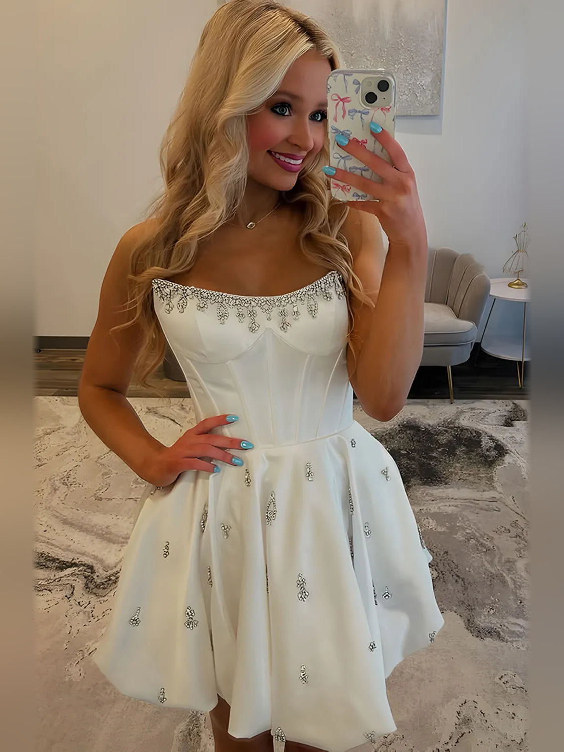 White mini homecoming dress, alternate view showing the full-length silhouette