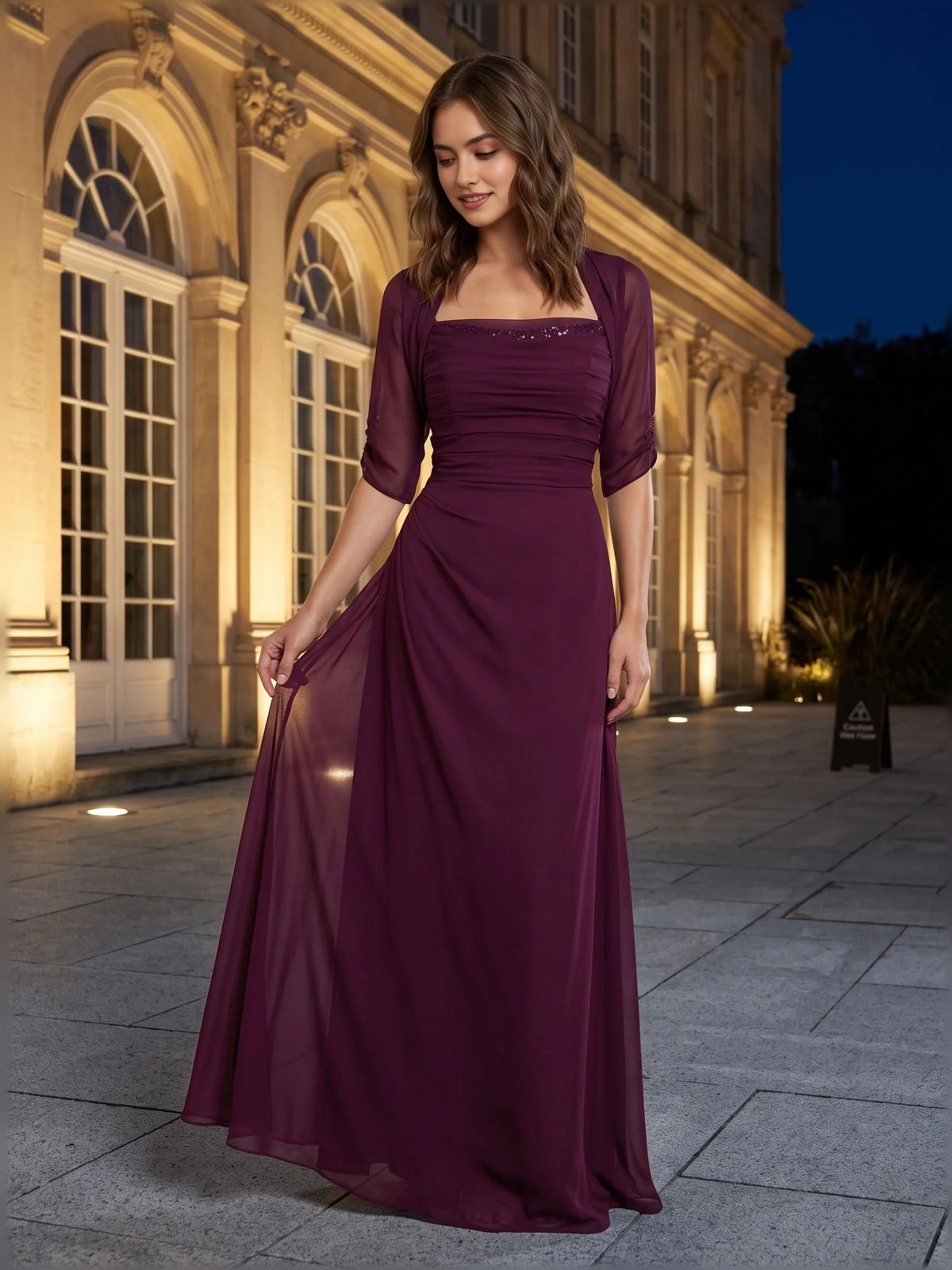 Wine floor-length mother of the bride dress, front view showing the a-line silhouette