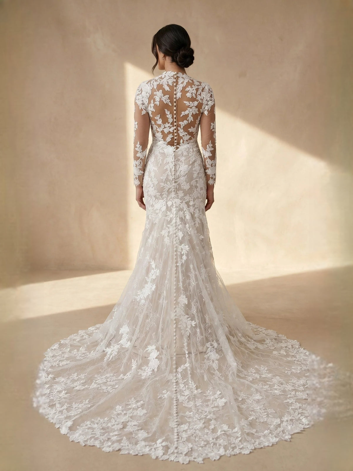 Ivory floor-length wedding dress, front view showing the mermaid silhouette