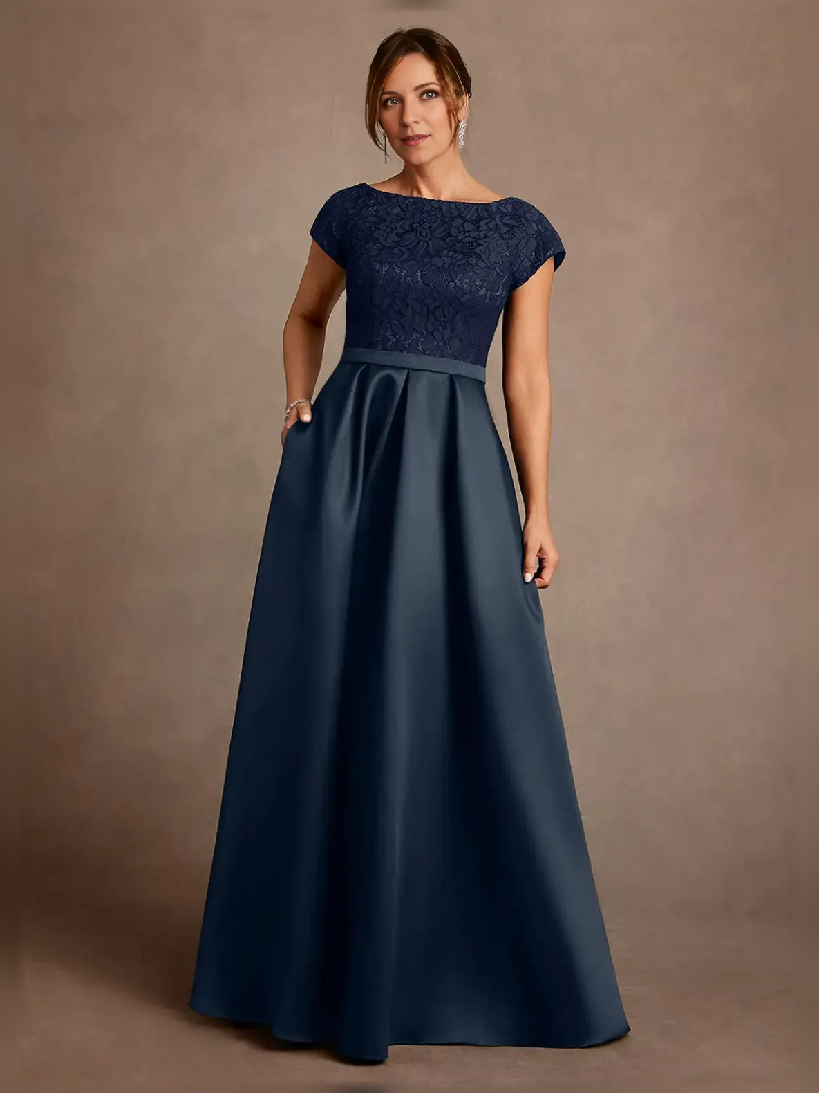 Navy Blue floor-length mother of the bride dress, front view showing the a-line silhouette