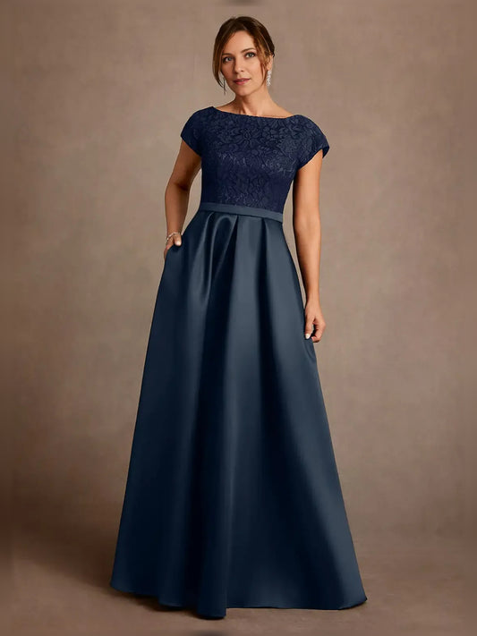 Navy Blue floor-length mother of the bride dress, front view showing the a-line silhouette
