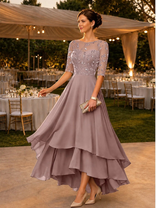 Dusty Rose high-low mother of the bride dress, front view showing the a-line silhouette
