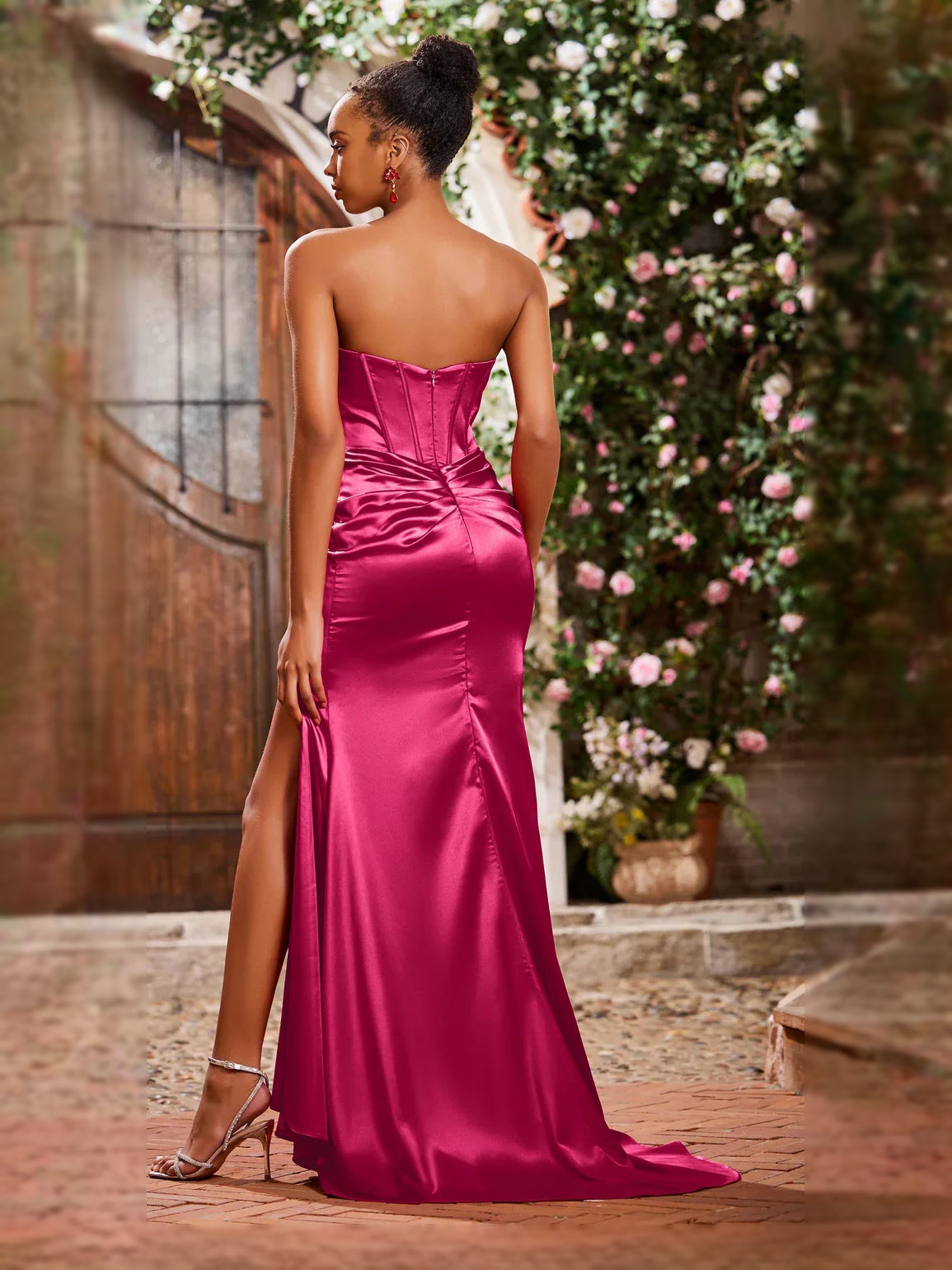 Red floor-length prom dress, front view showing the mermaid silhouette