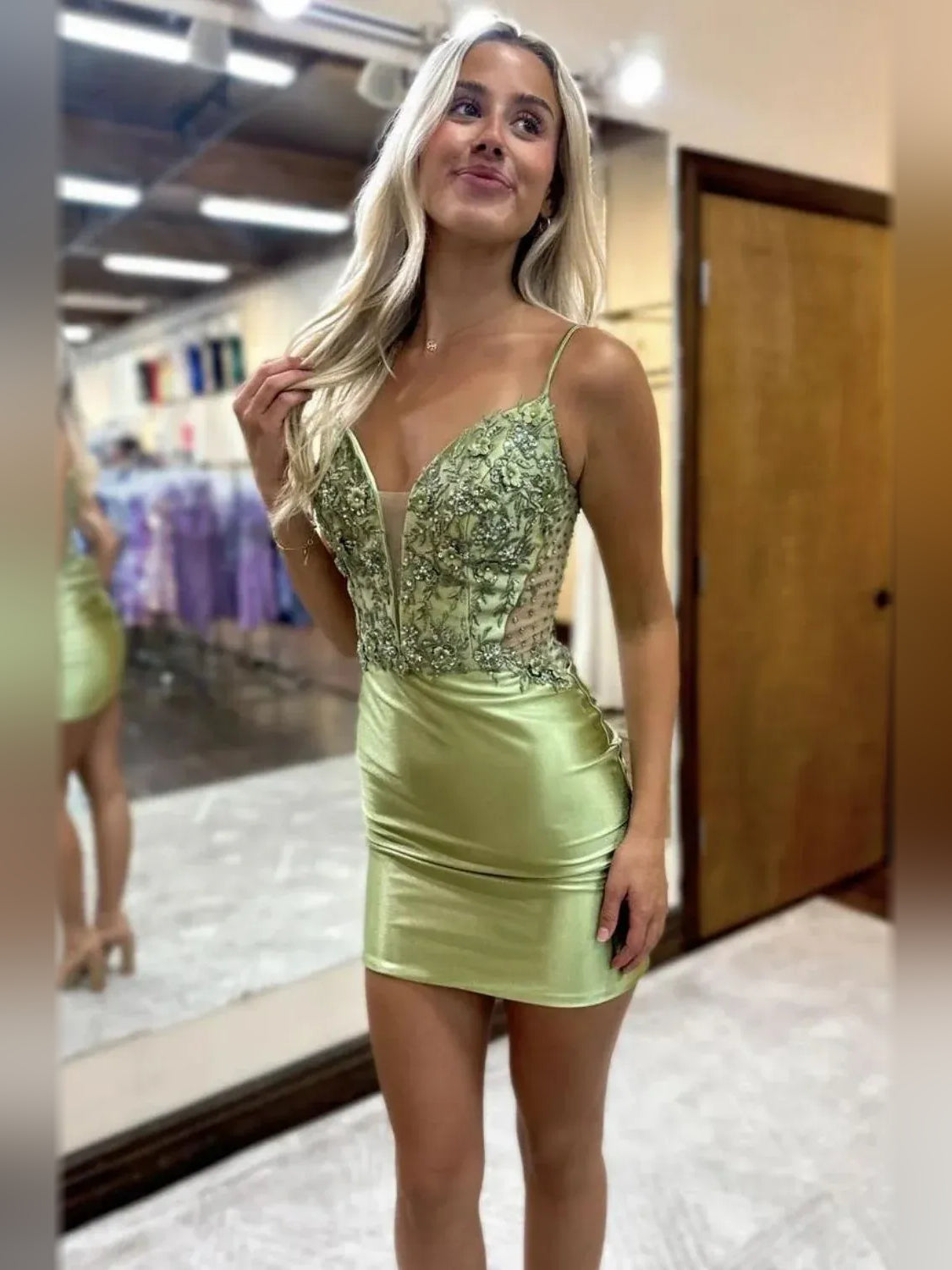 Sage Green mini homecoming dress, alternate view showing the full-length silhouette