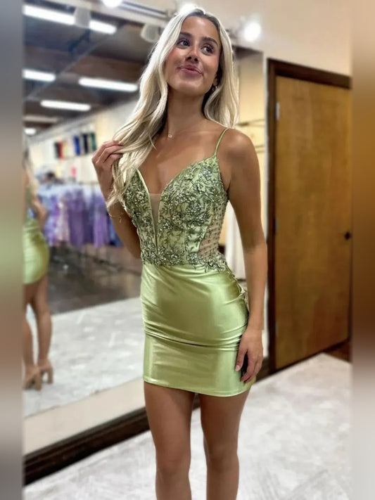 Sage Green mini homecoming dress, alternate view showing the full-length silhouette