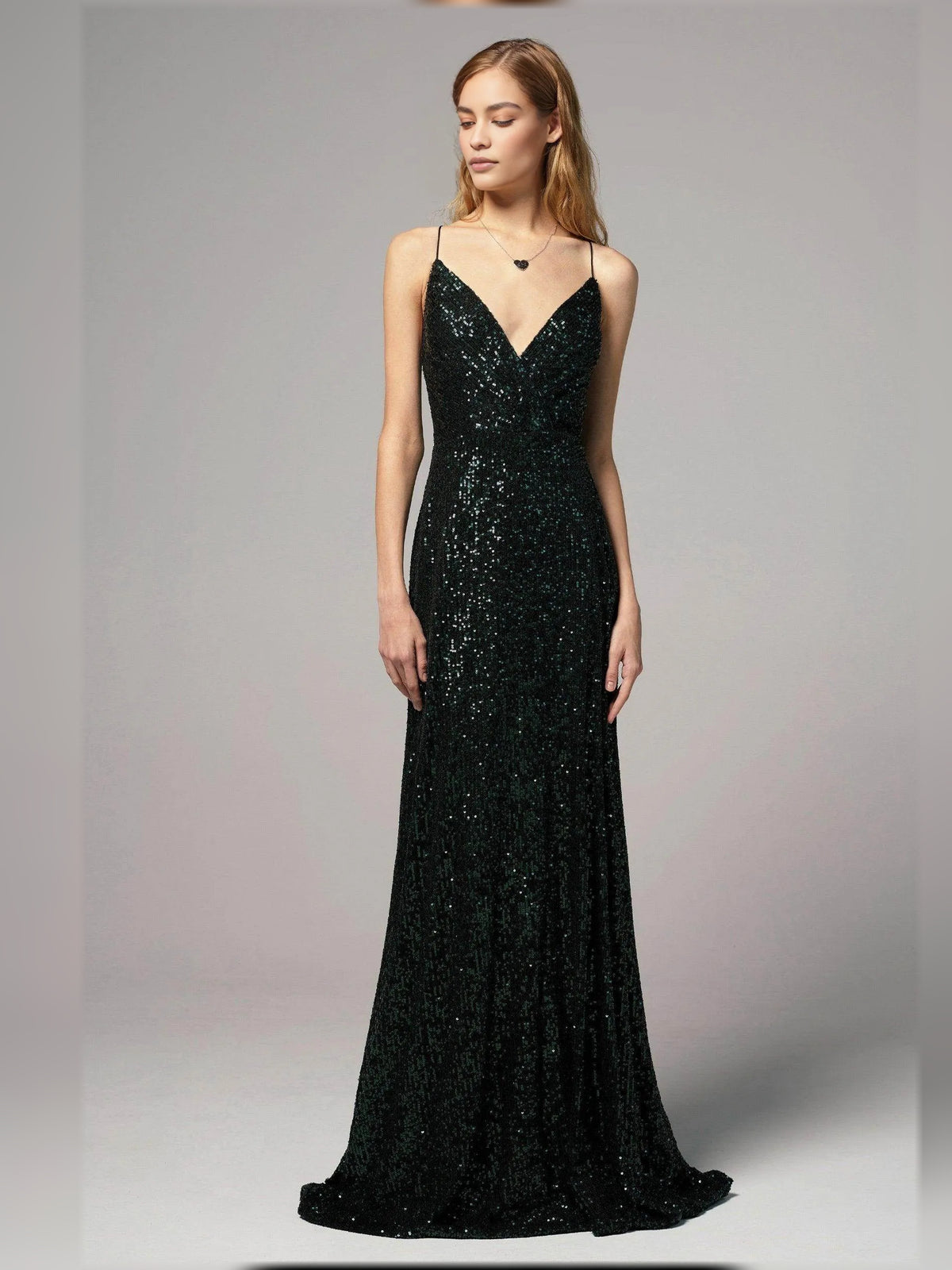 Dark Green sheath floor-length formal dress with V-neckline, full-length front view