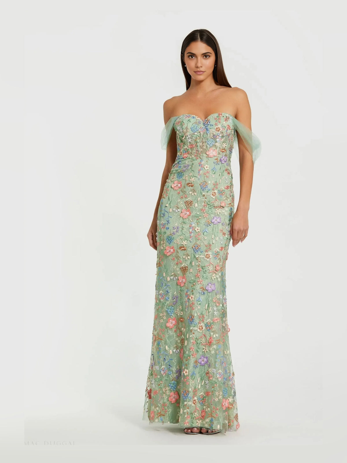 As Picture mermaid maxi formal dress with off-the-shoulder neckline, full-length front view