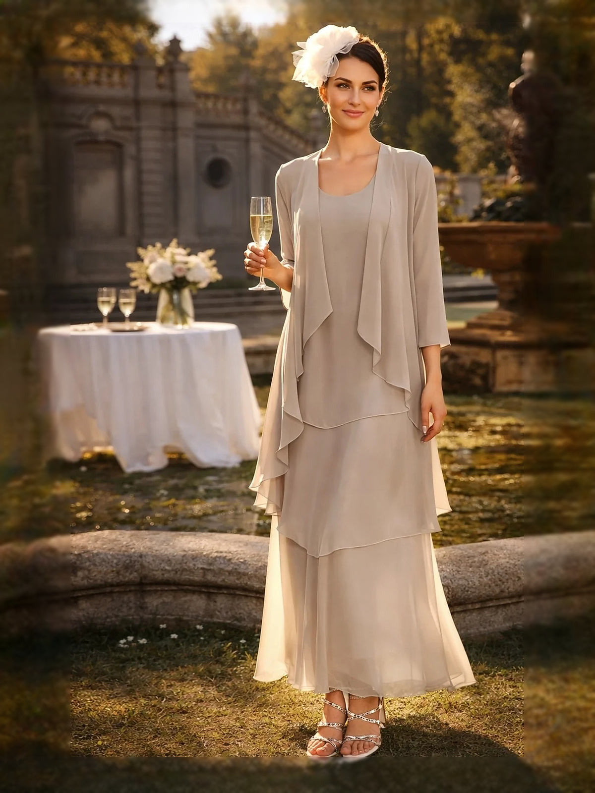 Khaki maxi mother of the bride dress, front view showing the a-line silhouette