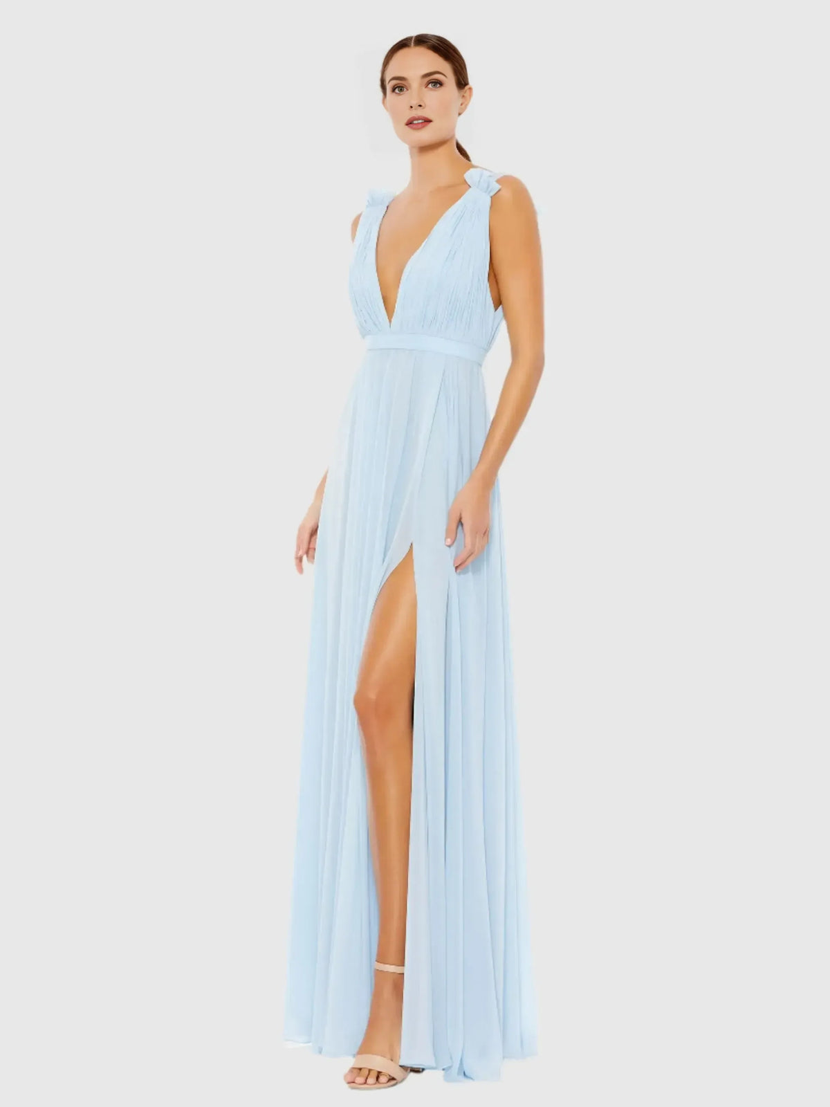 Sky Blue a-line floor-length formal dress with V-neckline, full-length front view