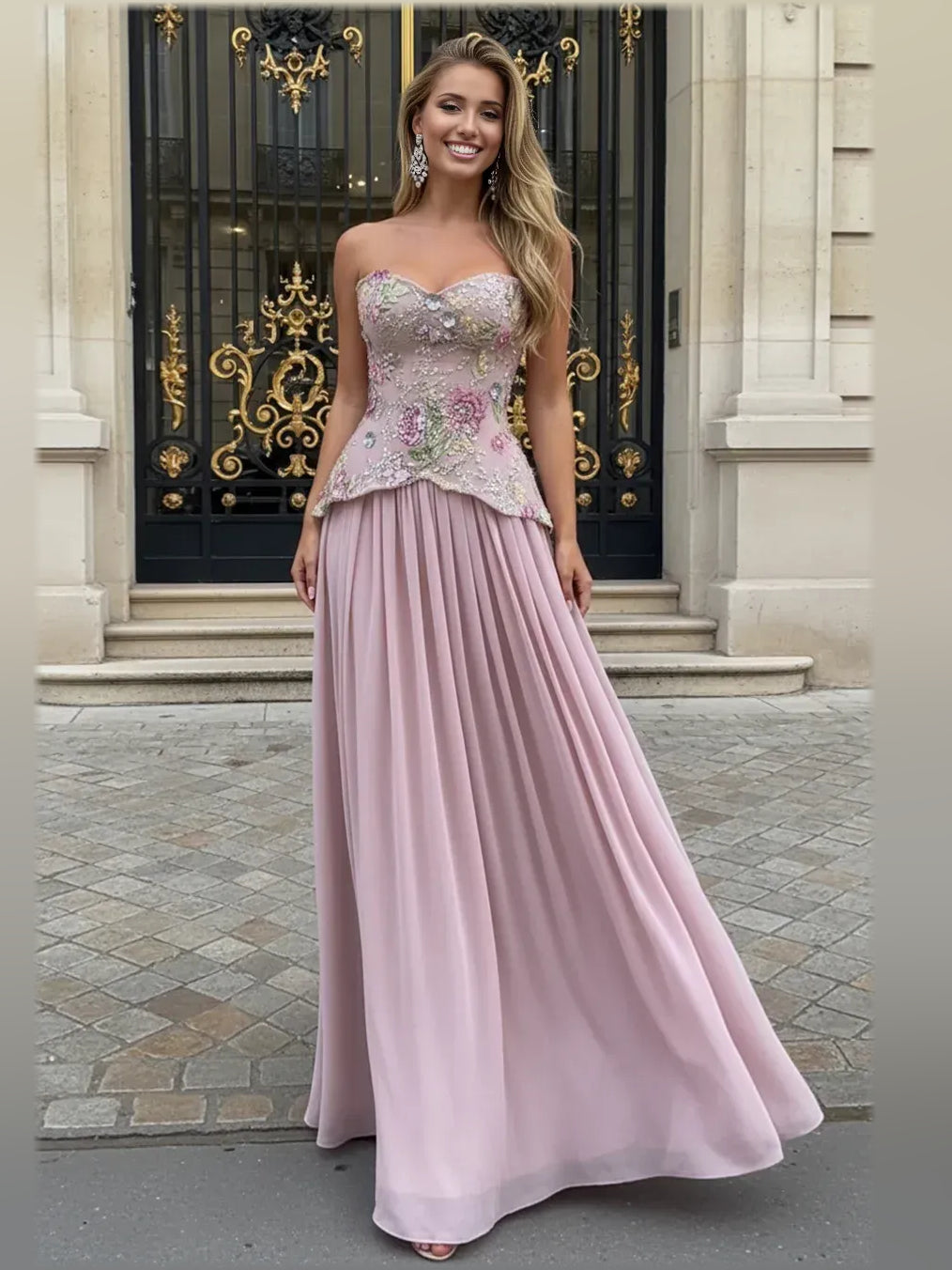 Dusty Pink a-line floor-length formal dress with sweetheart neckline, full-length front view