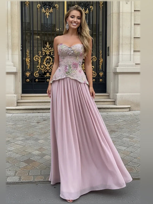Dusty Pink a-line floor-length formal dress with sweetheart neckline, full-length front view