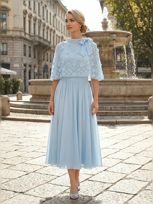Sky Blue midi mother of the bride dress, front view showing the a-line silhouette