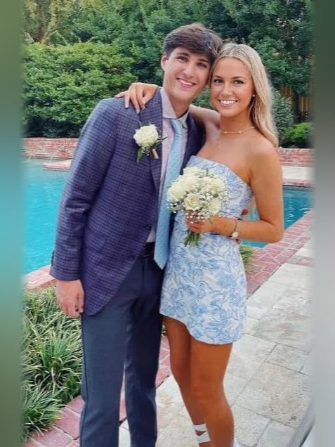 Sky Blue mini homecoming dress, alternate view showing the full-length silhouette