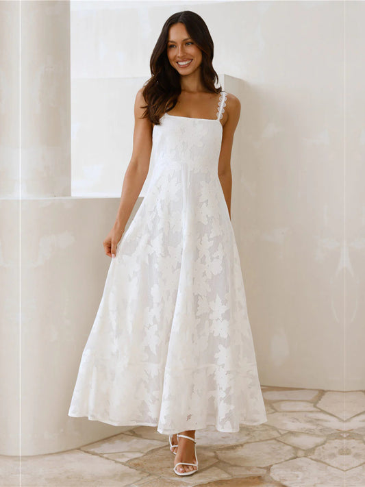 Cream a-line maxi formal dress with square neckline, full-length front view