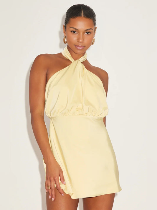 Canary mini homecoming dress, alternate view showing the full-length silhouette