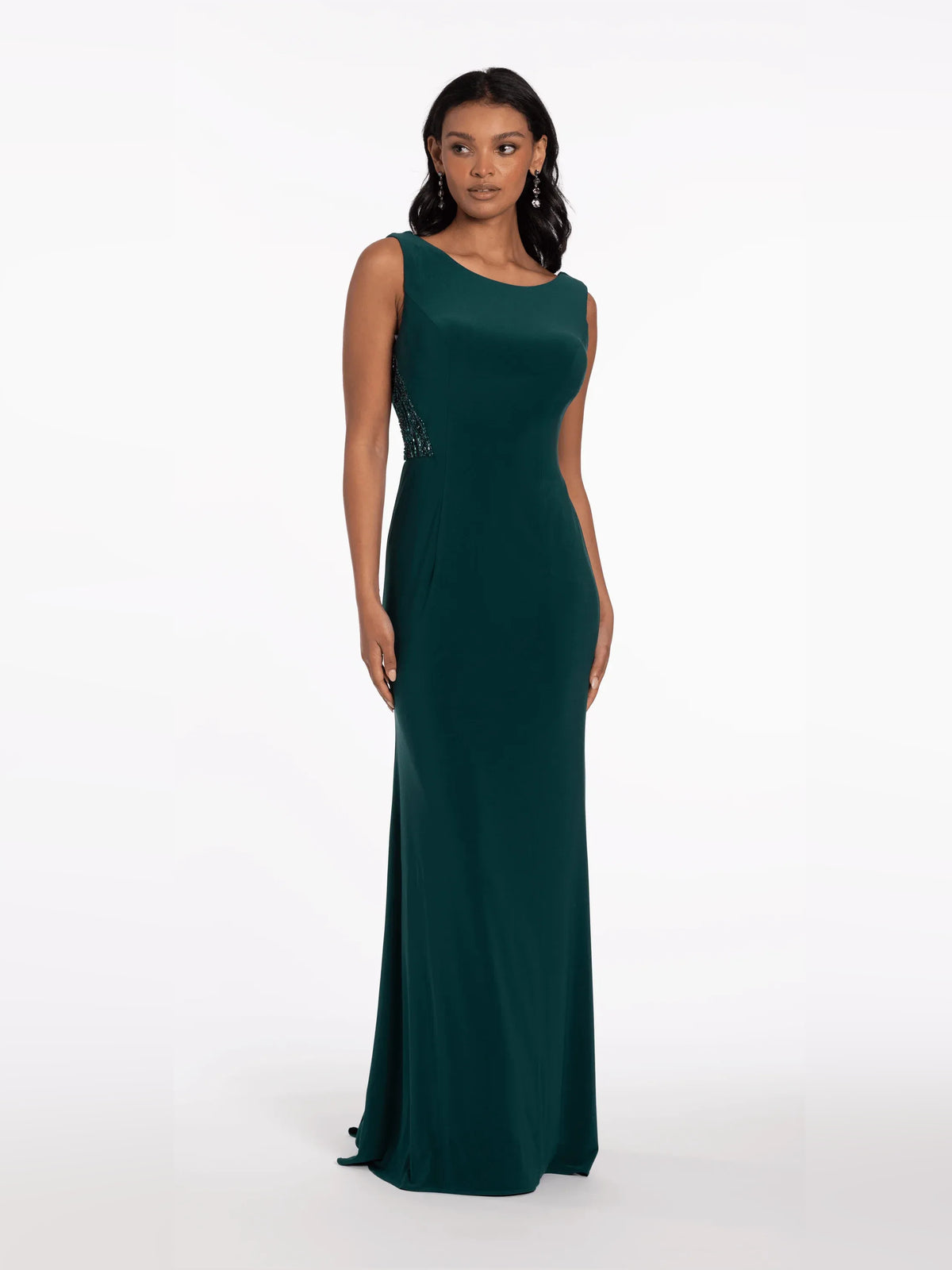 Dark Green floor-length mother of the bride dress, front view showing the mermaid silhouette