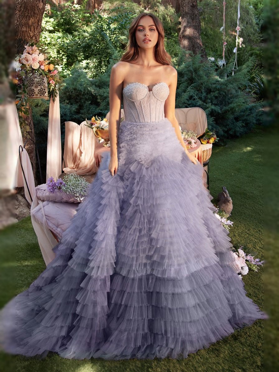 Lavender floor-length prom dress, front view showing the mermaid silhouette