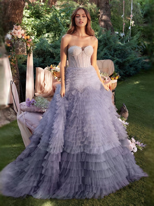 Lavender floor-length prom dress, front view showing the mermaid silhouette
