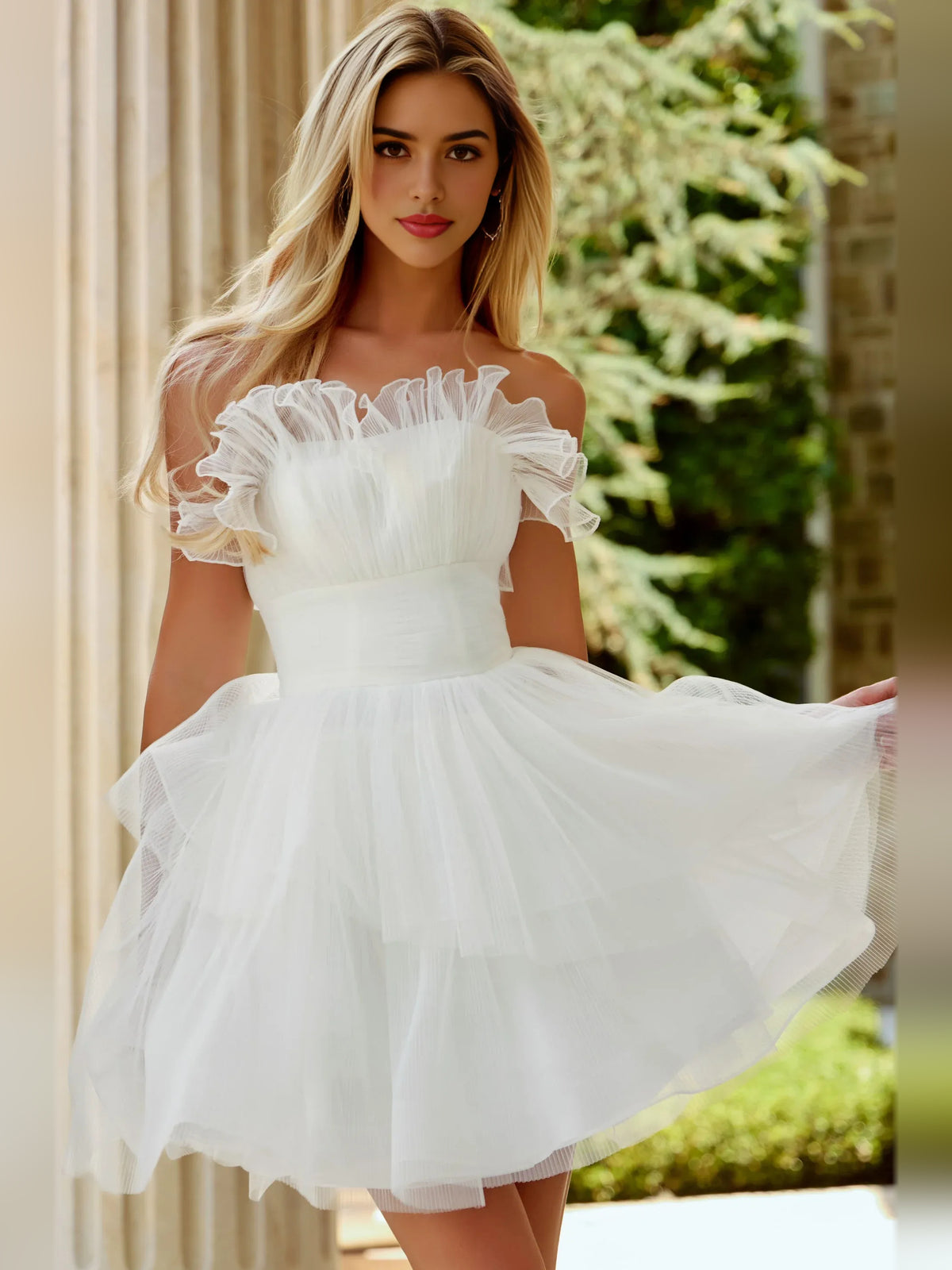 Ivory mini homecoming dress, alternate view showing the full-length silhouette