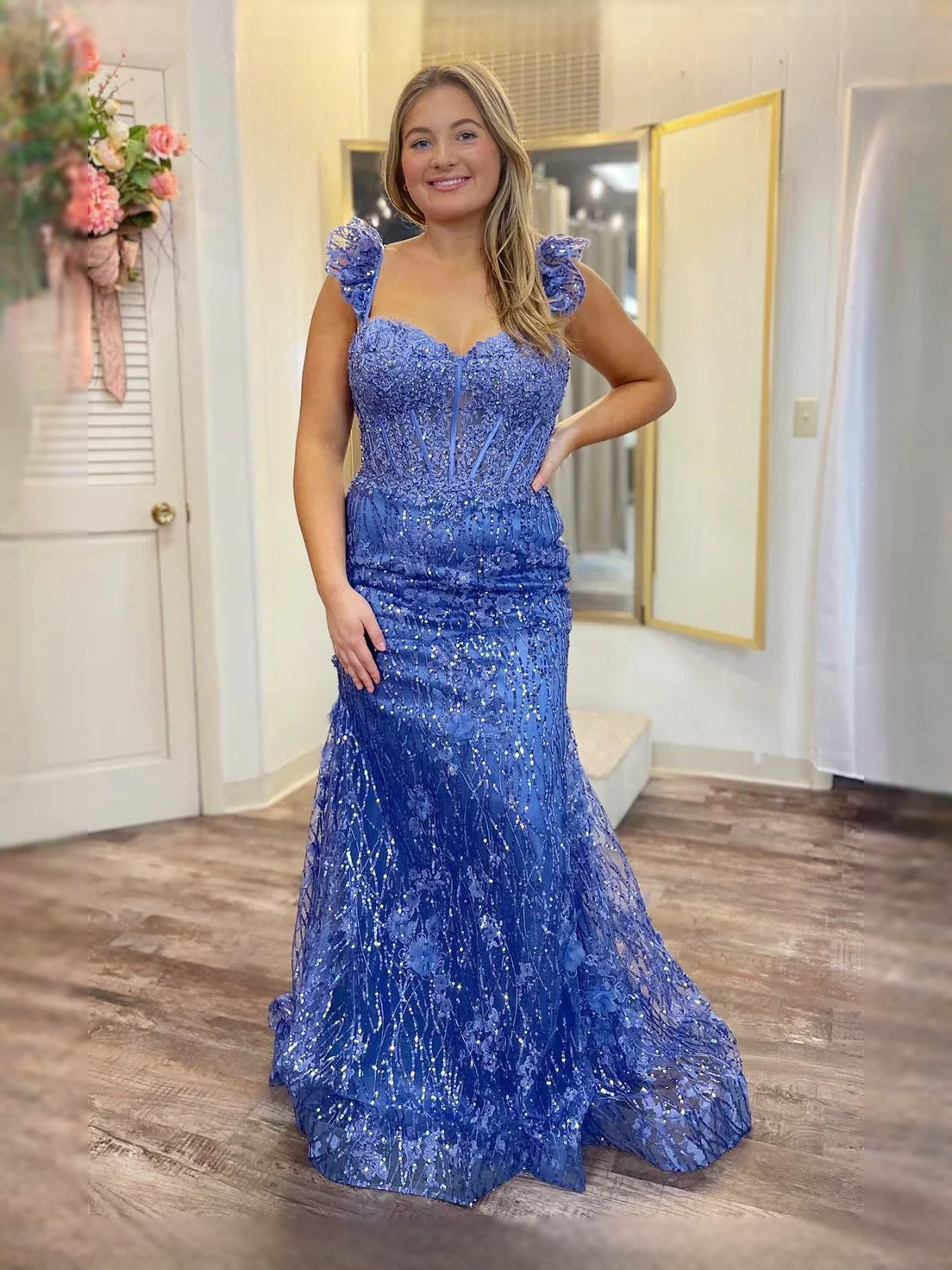 Periwinkle maxi prom dress, front view showing the mermaid silhouette