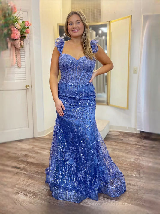 Periwinkle maxi prom dress, front view showing the mermaid silhouette