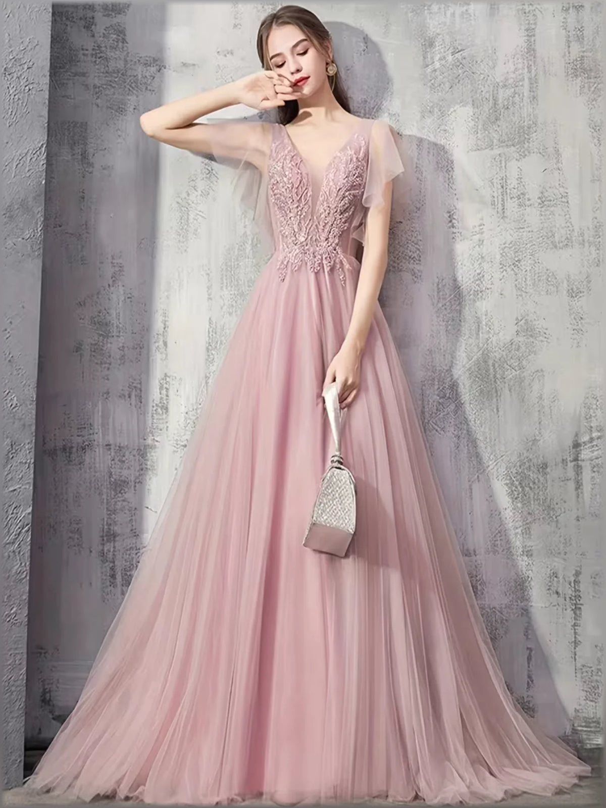 Blush Pink a-line floor-length formal dress with off-the-shoulder neckline, full-length front view
