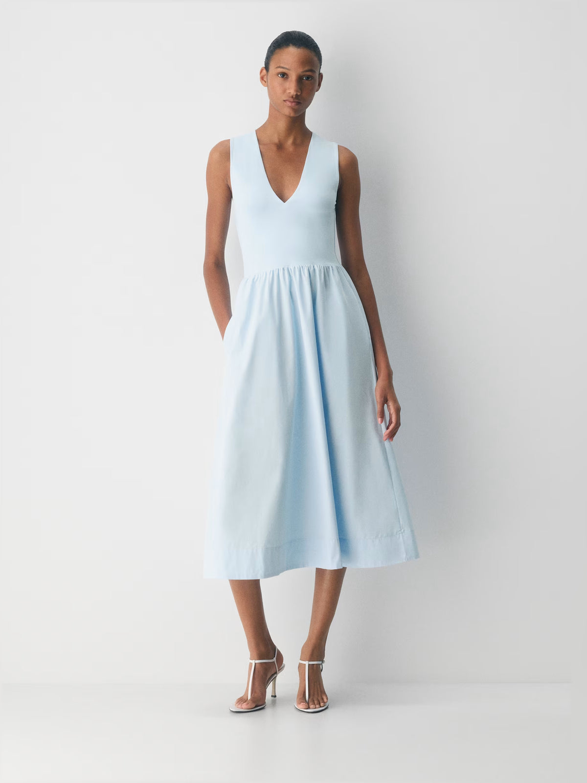 Teal midi formal dress, full-length front view
