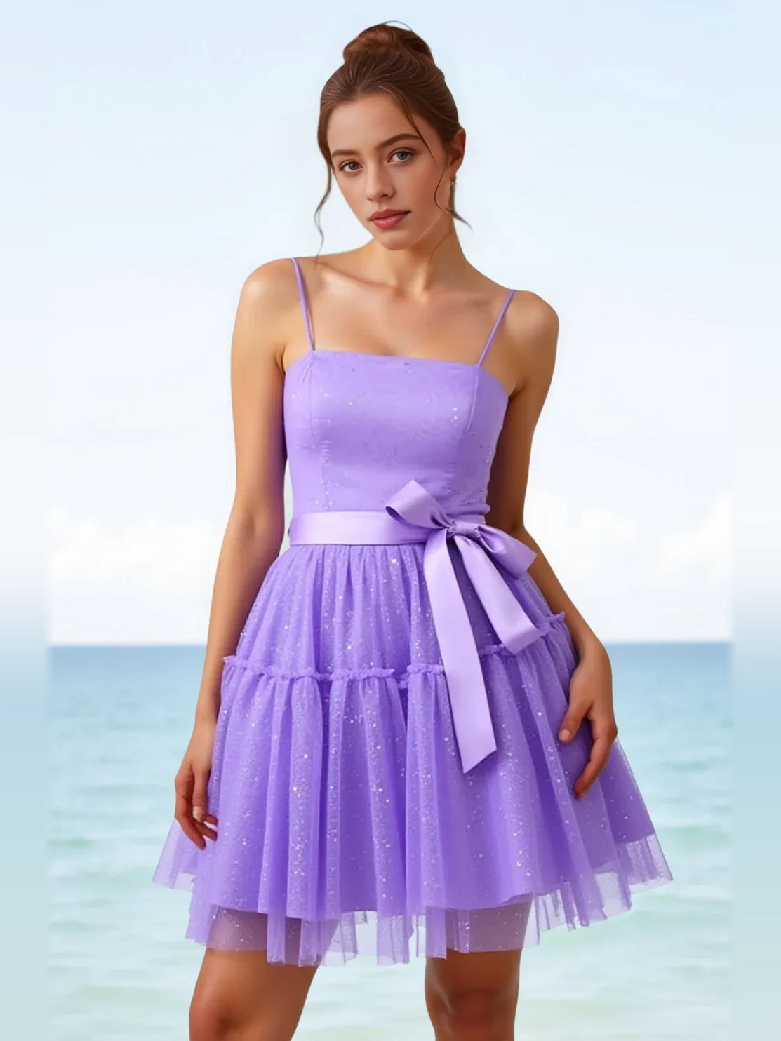 Lilac short homecoming dress, alternate view showing the full-length silhouette