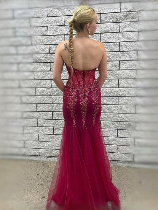 Burgundy maxi prom dress, front view showing the mermaid silhouette