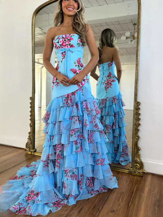 Lake Blue maxi prom dress, front view showing the mermaid silhouette