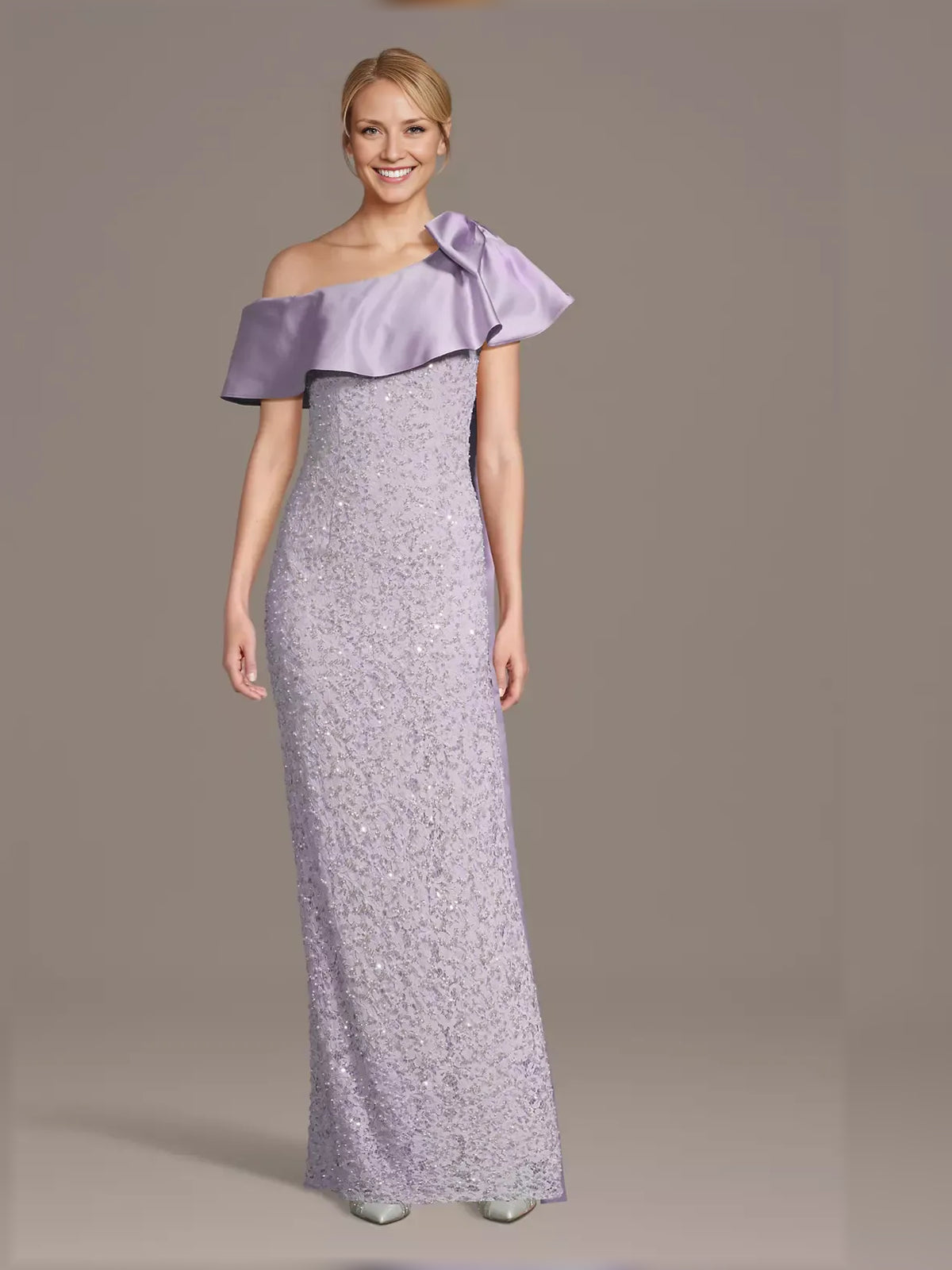 Lilac floor-length mother of the bride dress, front view showing the sheath silhouette