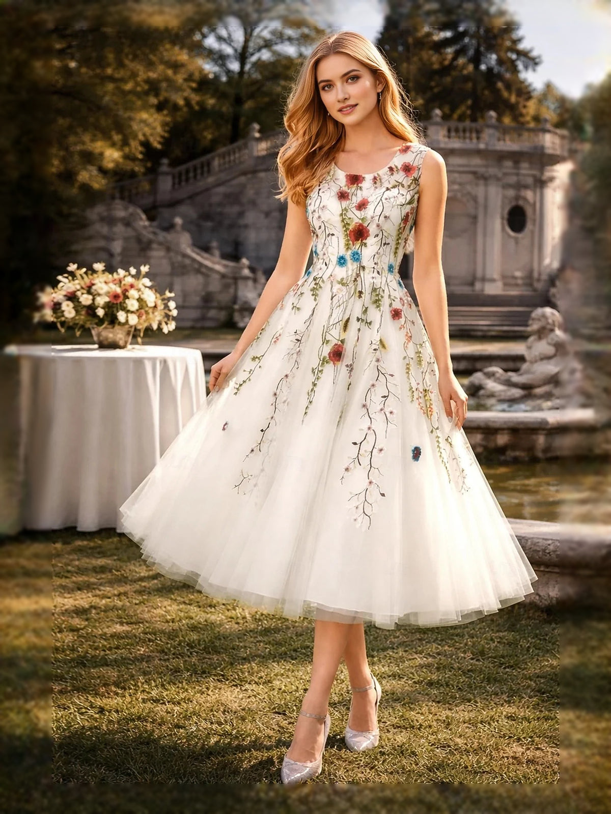 Ivory white midi prom dress, front view showing the a-line silhouette