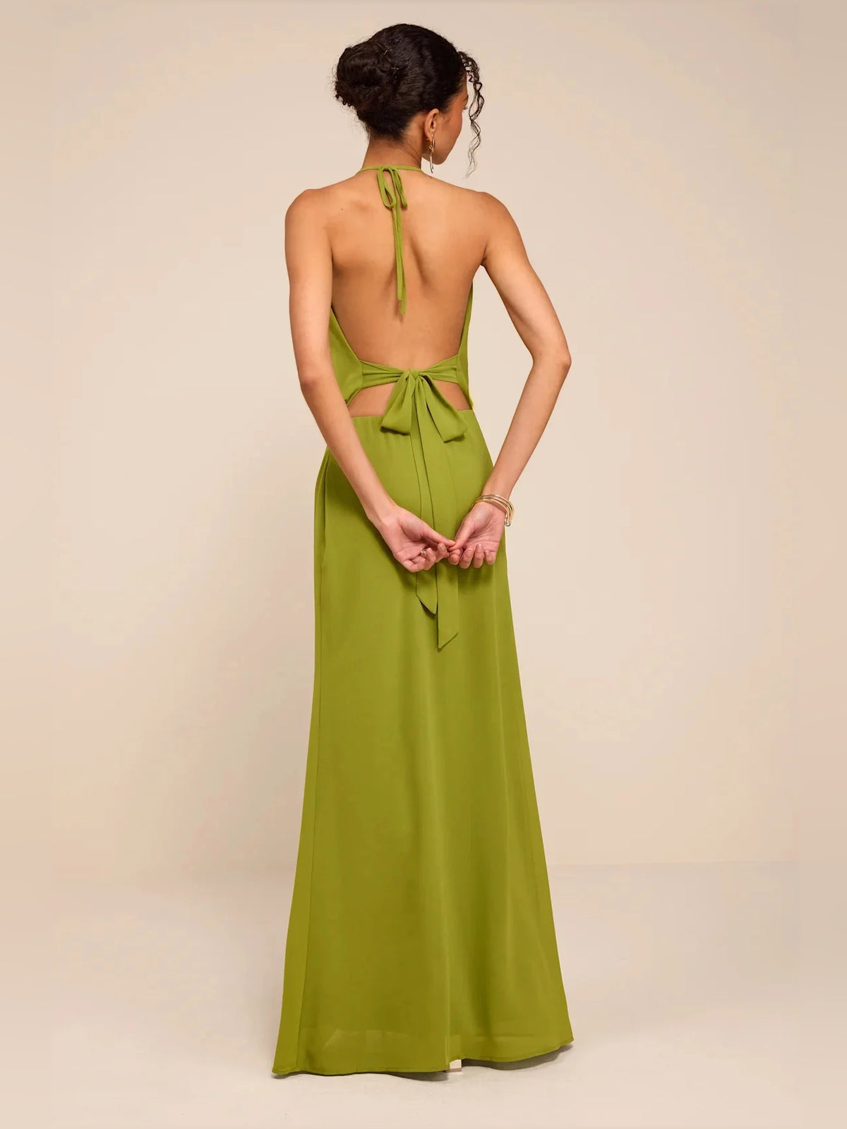 Olive Green maxi bridesmaid dress, front view showing the column silhouette