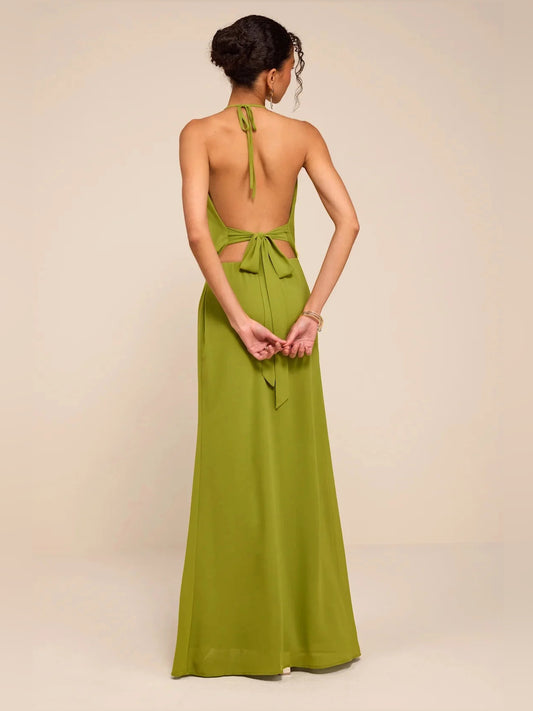 Olive Green maxi bridesmaid dress, front view showing the column silhouette