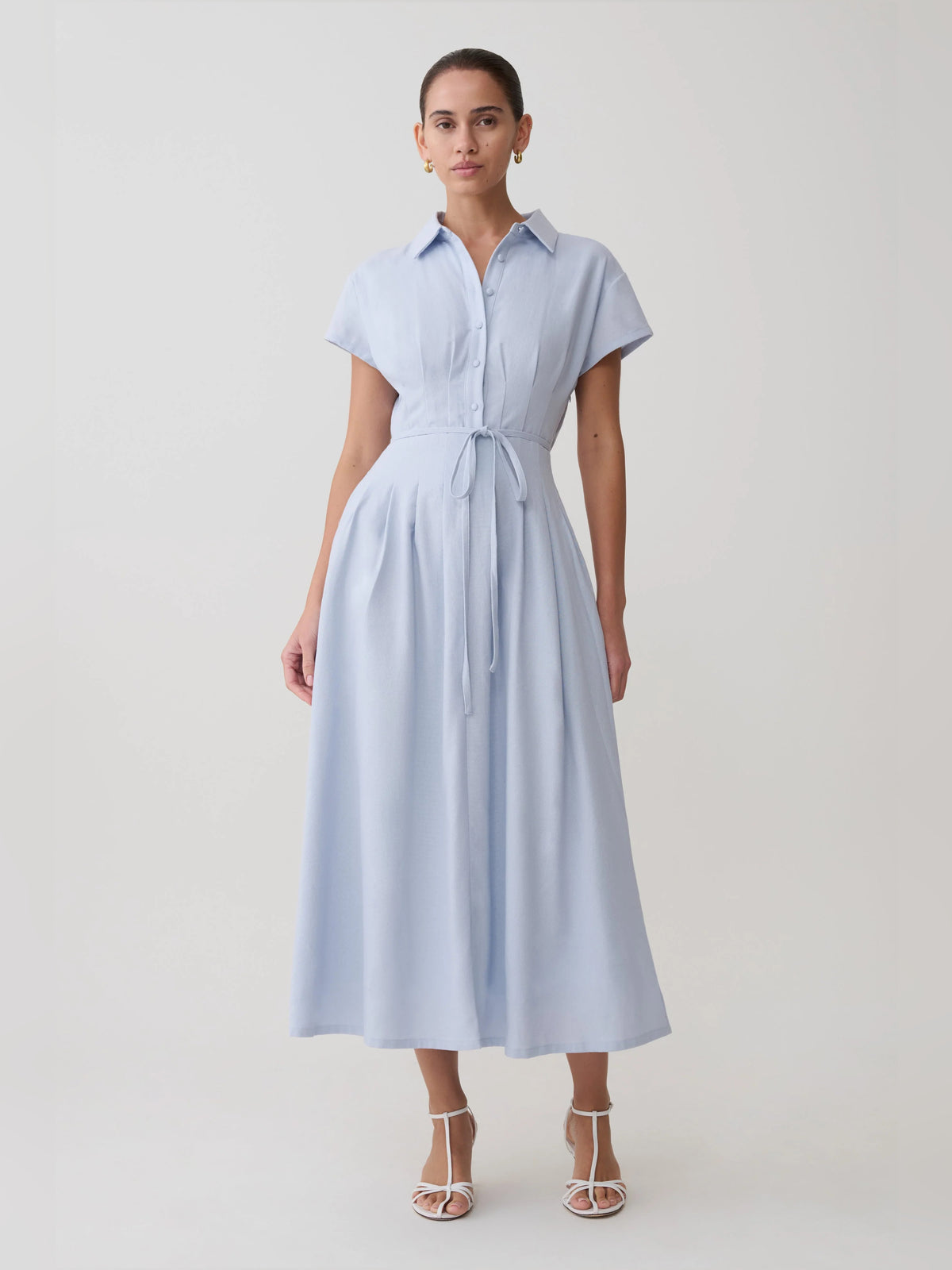 Cornflower Blue midi formal dress, full-length front view