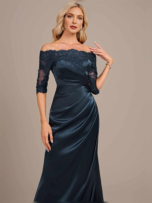 Dark Navy floor-length mother of the bride dress, front view showing the mermaid silhouette