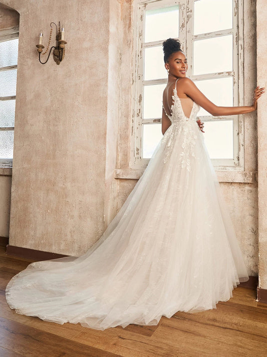 Ivory floor-length wedding dress, front view showing the a-line silhouette