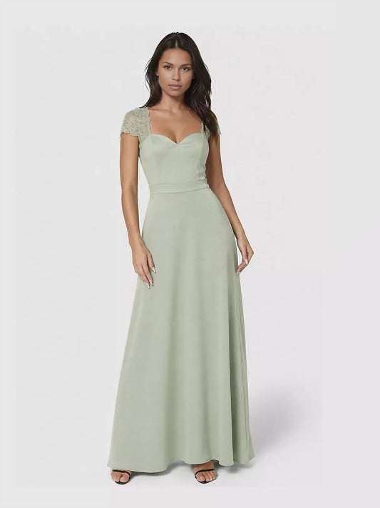 Celadon floor-length bridesmaid dress, front view showing the a-line silhouette