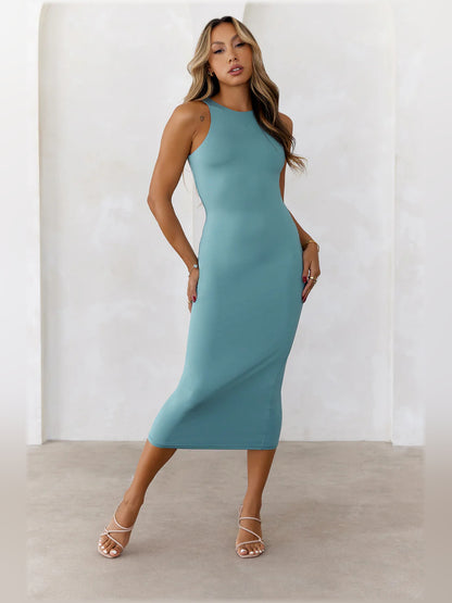 Teal midi formal dress, full-length front view