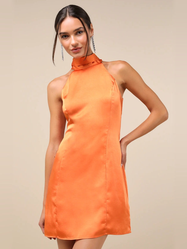 Orange mini homecoming dress, front view showing the silhouette