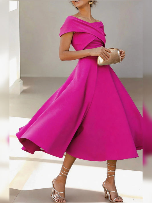 Fuchsia midi mother of the bride dress, front view showing the a-line silhouette