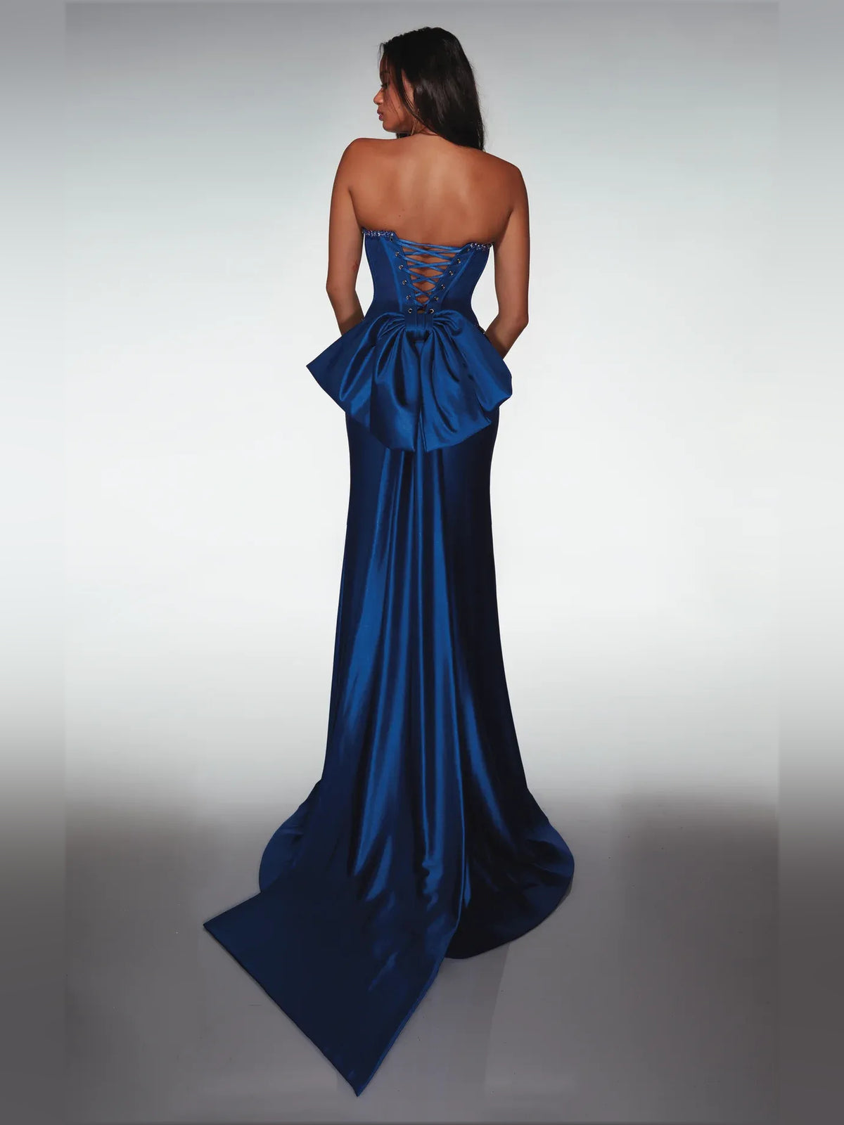 Dark Blue floor-length prom dress, front view showing the mermaid silhouette
