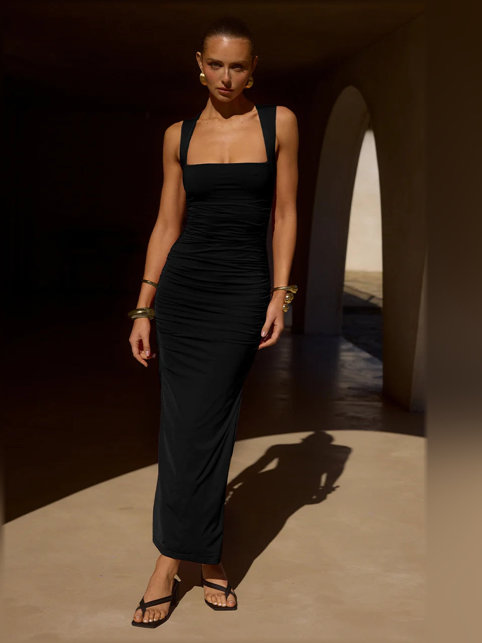 BLACK midi formal dress, full-length front view