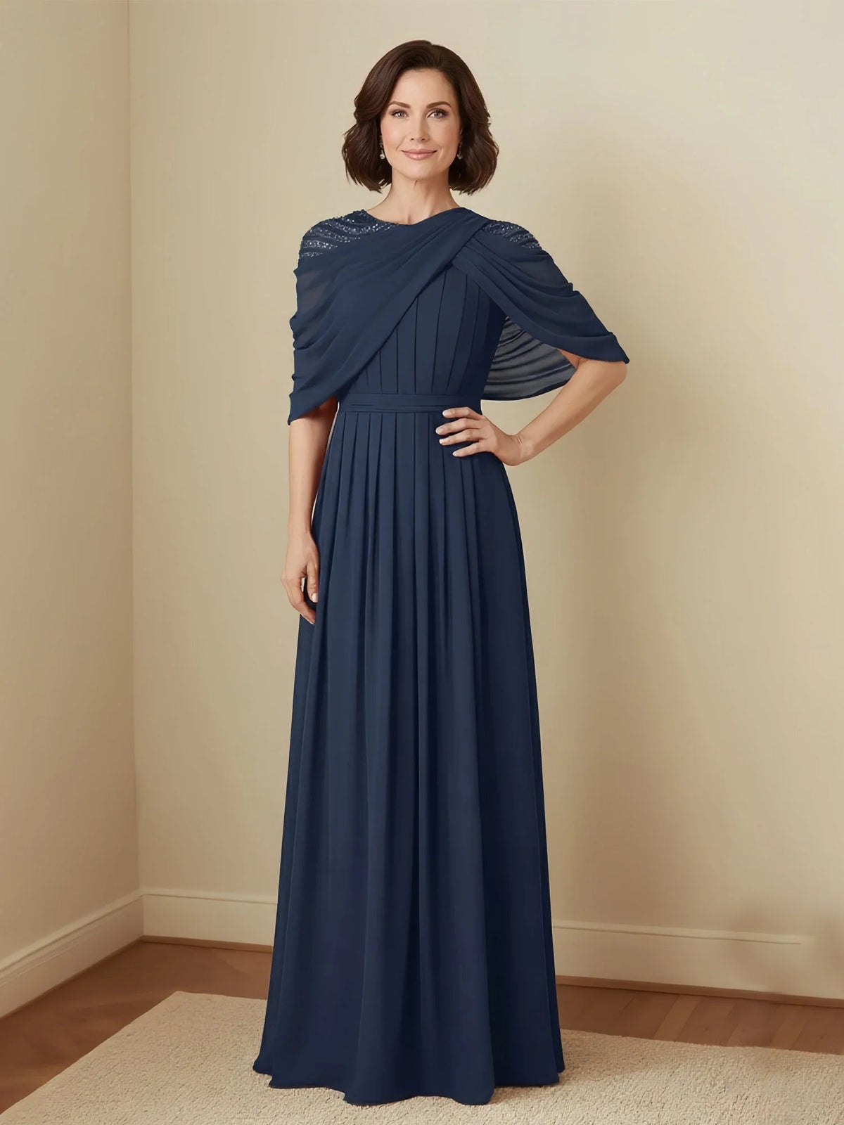 Dark Navy floor-length mother of the bride dress, front view showing the a-line silhouette