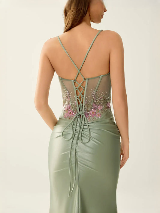 Lavender floor-length prom dress, front view showing the mermaid silhouette
