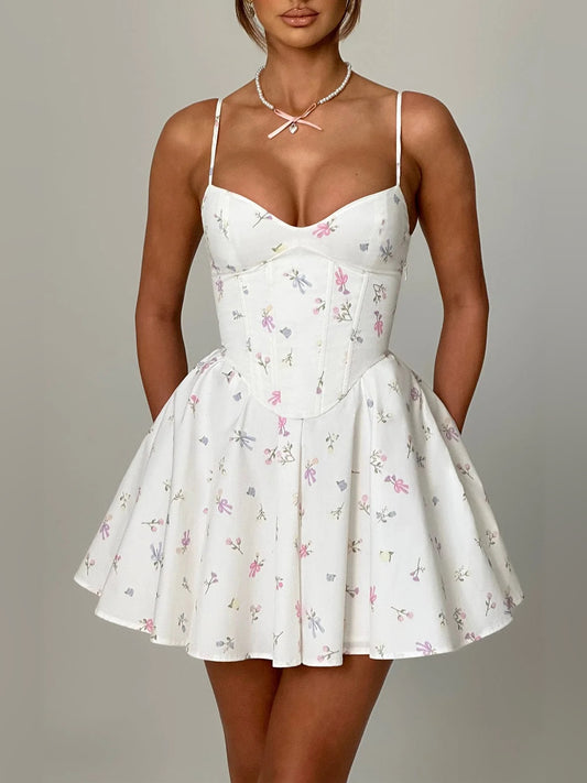 Floral mini homecoming dress, front view showing the silhouette