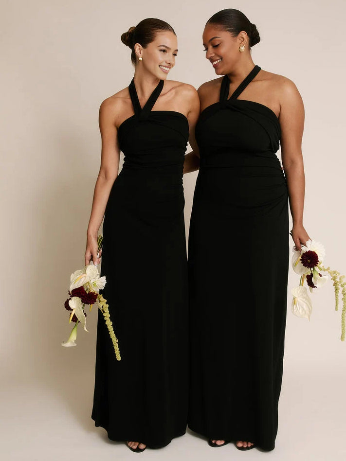 Black floor-length bridesmaid dress, front view showing the sheath silhouette