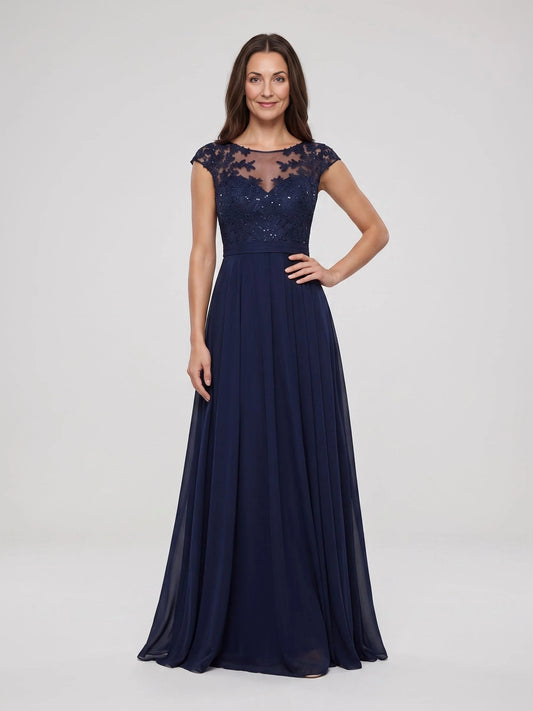 Dark Blue floor-length mother of the bride dress, front view showing the a-line silhouette