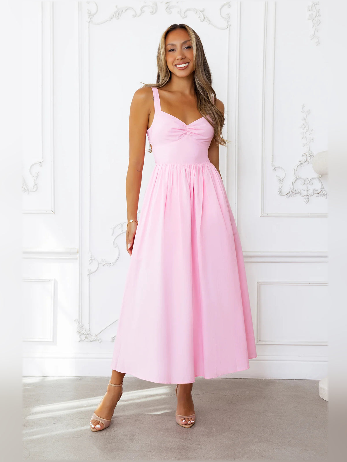 Pink midi formal dress, full-length front view